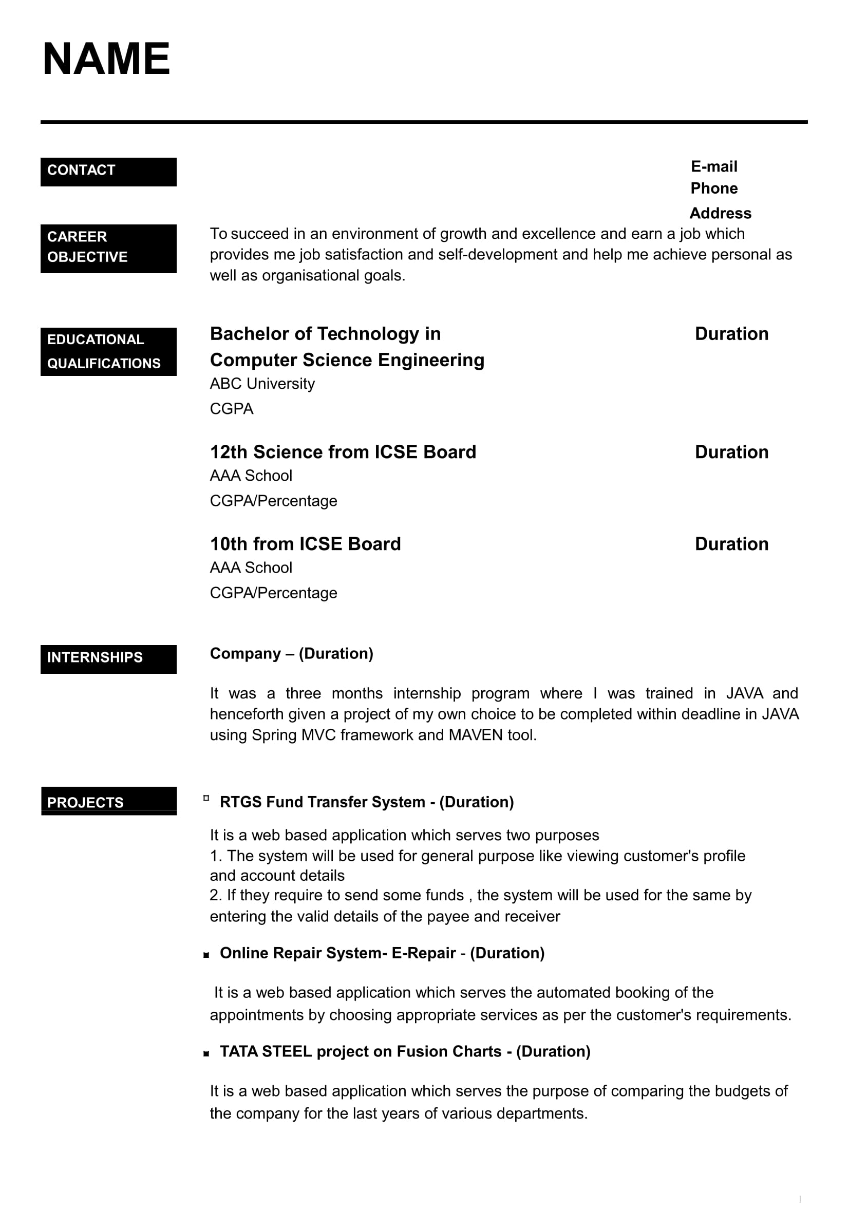 32+ Resume Templates For Freshers Download Free Word Format Popular